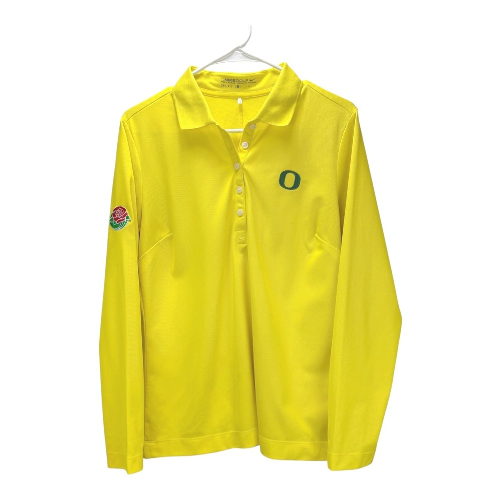 Nike Golf Oregon Ducks Long Sleeve Polo Shirt Women Yellow Dri‎ Fit O Logo Rose